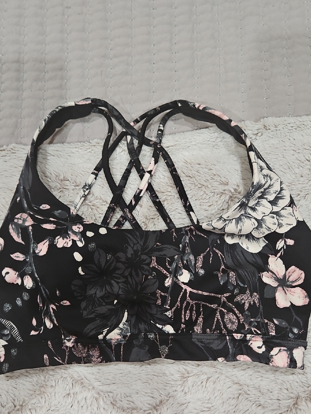 Victoria's Secret Black Floral Strappy Sports Bra with Blush Accents